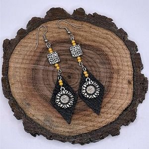 Leather Diamond Dangle Earrings Antique Silver Beads Sunflower Charms